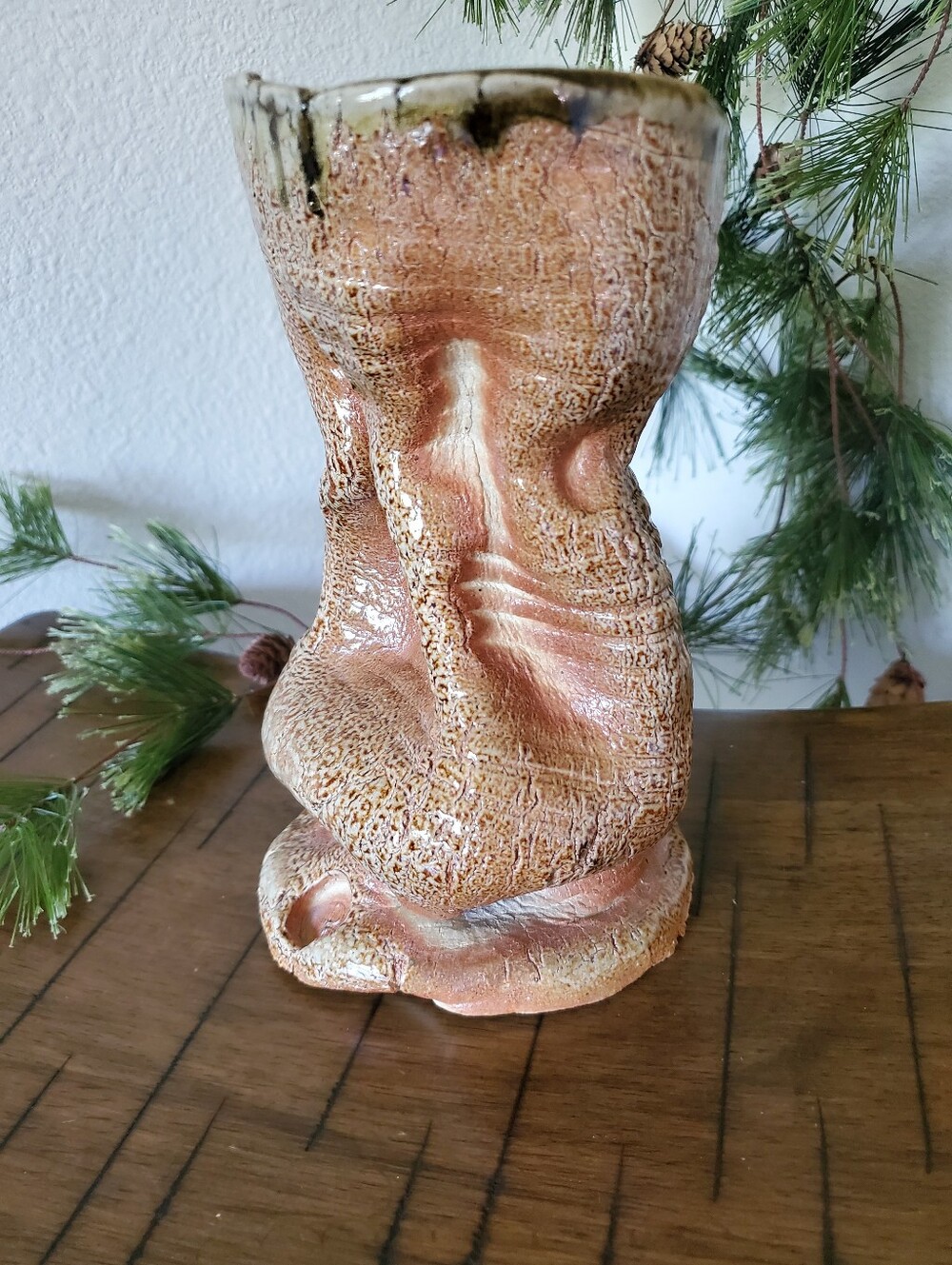 Abstract Expressionist Brutilist Crushed Sack Tree Trunk Clay Vase Earthy Glaze